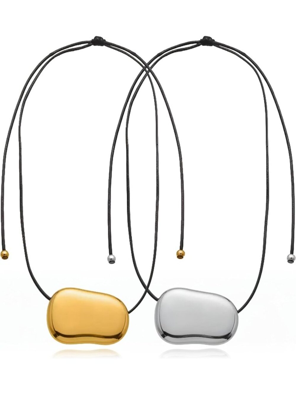 Stylish Gold Bean Pendant Necklace, Stainless Steel on Leather Cord - Perfect